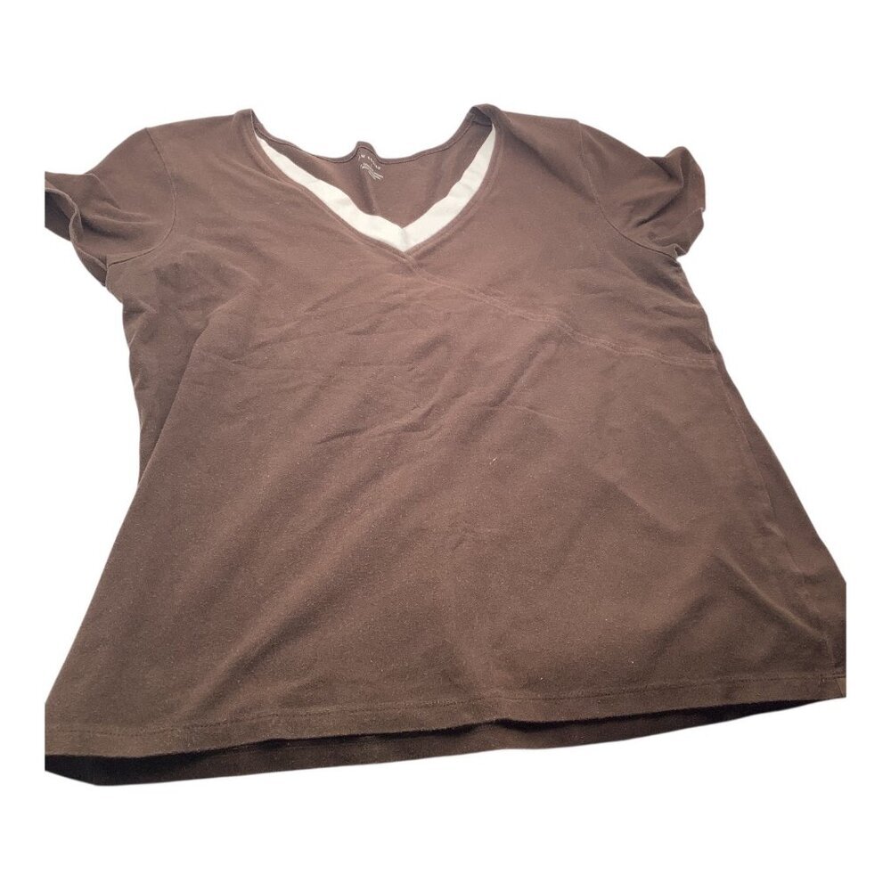 Kim Rogers Shirt Women's‎ V Neck Short Sleeve Large Brown White Cotton Blend